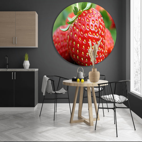 Rijpe rode aardbei met frisgroene bladeren aluminium muurcirkel
