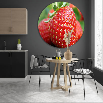 Rijpe rode aardbei met frisgroene bladeren aluminium muurcirkel