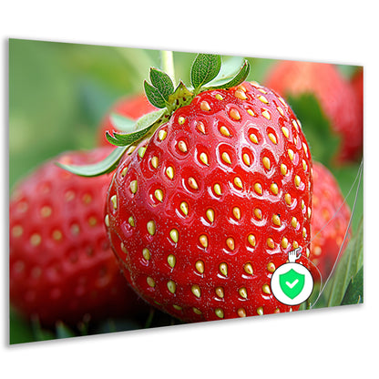 Rijpe rode aardbei met frisgroene bladeren poster