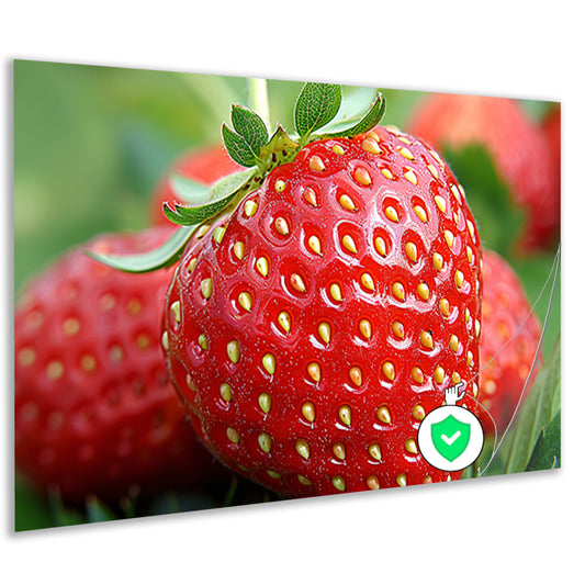 Rijpe rode aardbei met frisgroene bladeren poster