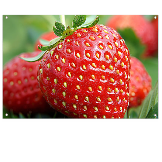 Rijpe rode aardbei met frisgroene bladeren tuinposter