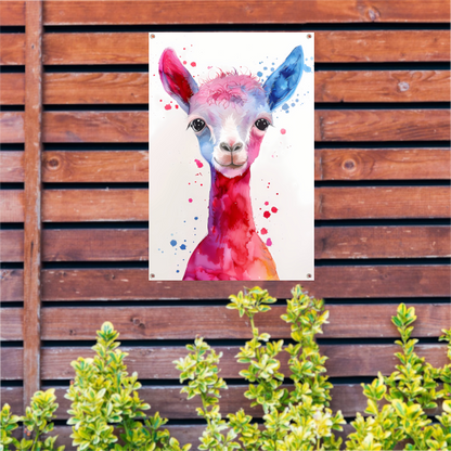 Kleurrijke digitale kunst van een alpaca tuinposter