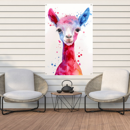 Kleurrijke digitale kunst van een alpaca tuinposter