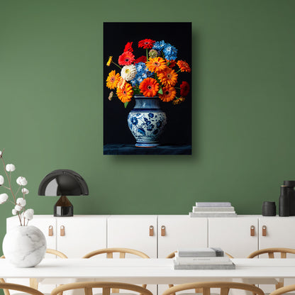 Levendige Bloemenpracht in Delfts Blauwe Vaas poster
