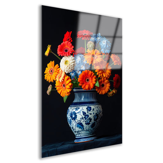 Levendige Bloemenpracht in Delfts Blauwe Vaas acrylglas