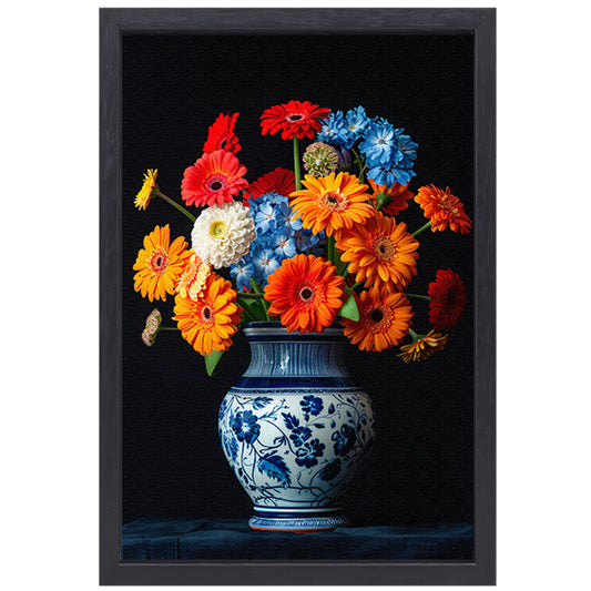 Levendige Bloemenpracht in Delfts Blauwe Vaas canvas met baklijst