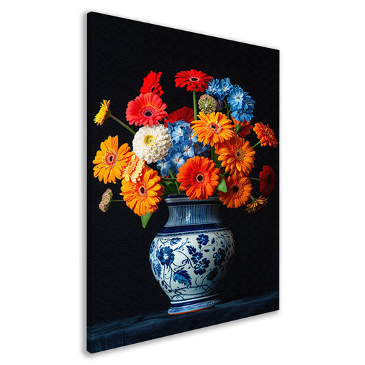 Levendige Bloemenpracht in Delfts Blauwe Vaas canvas