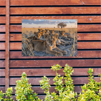 Leeuwenwelpen Knuffelen in het Gras tuinposter