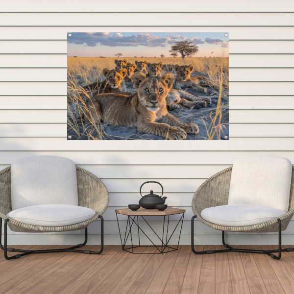 Leeuwenwelpen Knuffelen in het Gras tuinposter