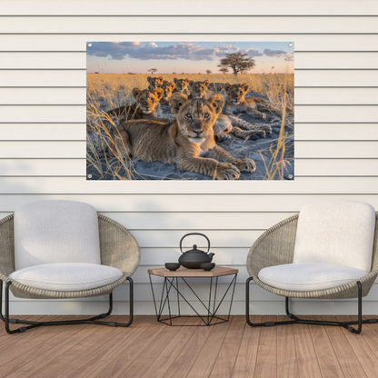 Leeuwenwelpen Knuffelen in het Gras tuinposter