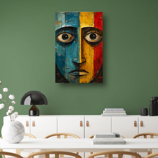 Abstract emotie in blauw, geel en rood canvas met baklijst
