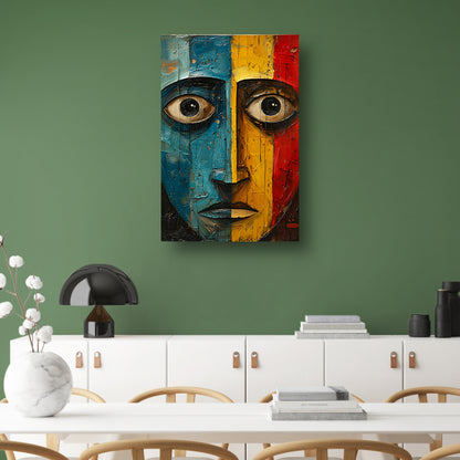 Abstract emotie in blauw, geel en rood canvas met baklijst