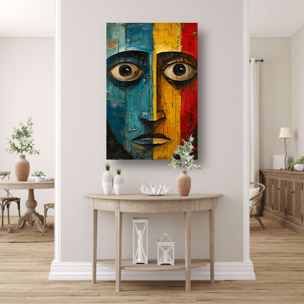 Abstract emotie in blauw, geel en rood canvas met baklijst
