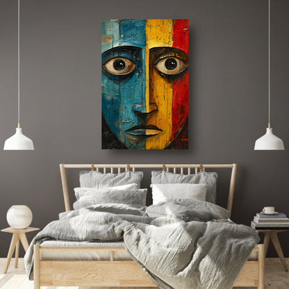 Abstract emotie in blauw, geel en rood canvas met baklijst