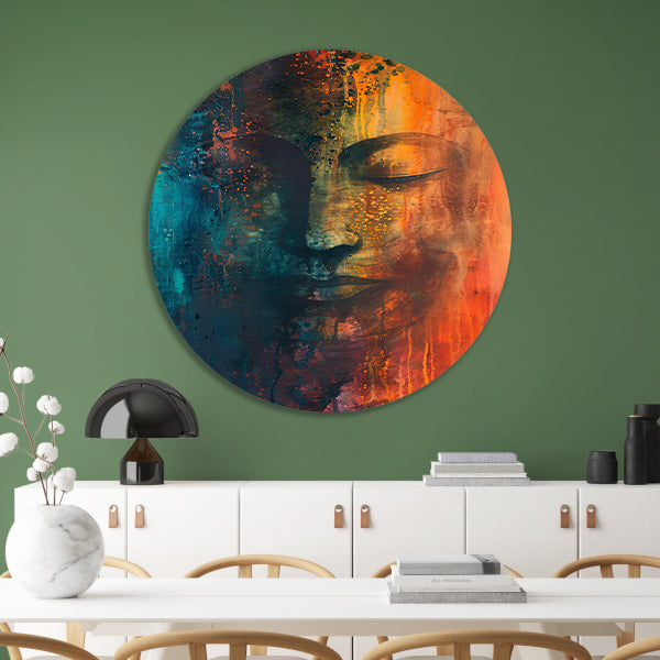 Abstracte Boeddha in levendige kleuren aluminium muurcirkel