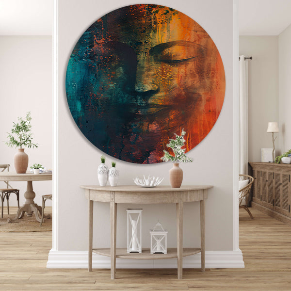 Abstracte Boeddha in levendige kleuren aluminium muurcirkel