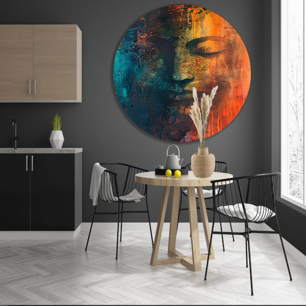 Abstracte Boeddha in levendige kleuren aluminium muurcirkel