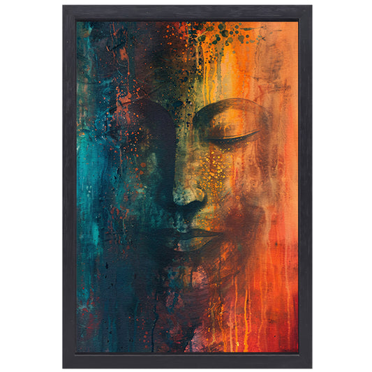 Abstracte Boeddha in levendige kleuren canvas met baklijst