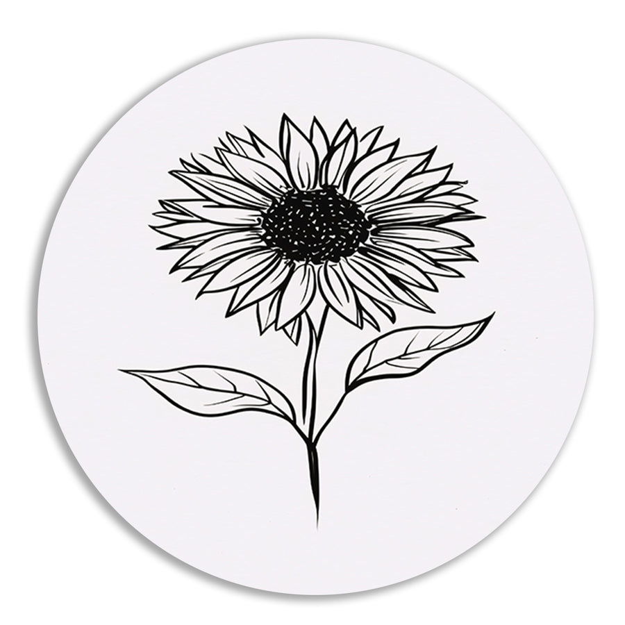 Minimalistische zwart-witte zonnebloem lijnkunst aluminium muurcirkel