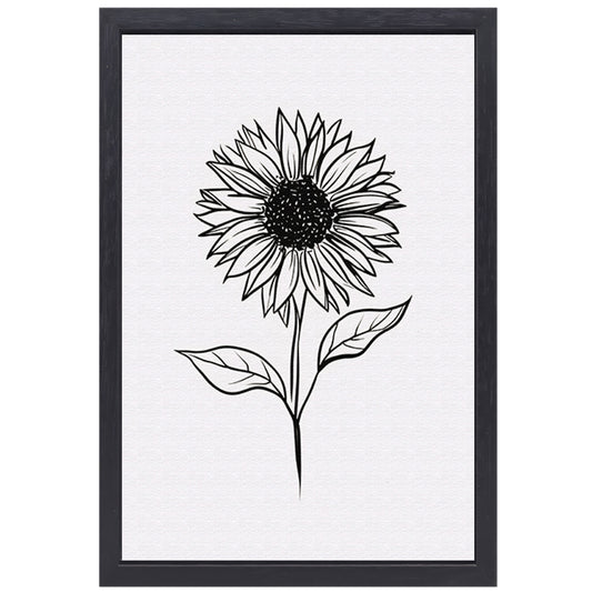 Minimalistische zwart-witte zonnebloem lijnkunst canvas met baklijst