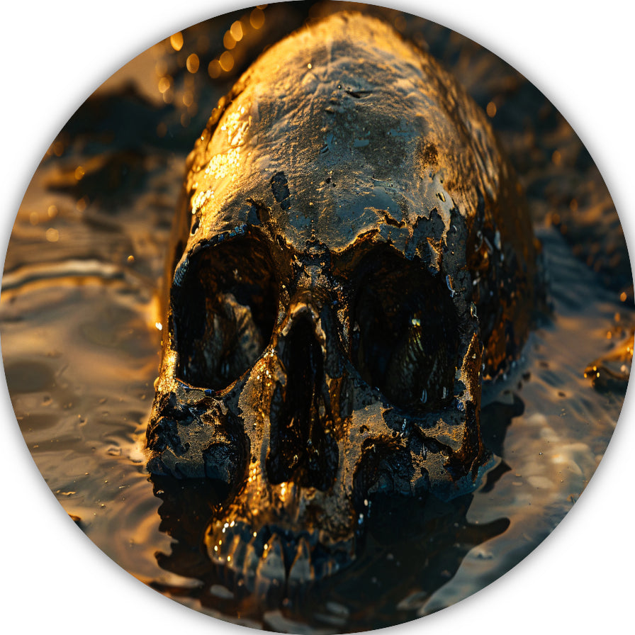 Vergulde schedel rustend in schemerig water aluminium muurcirkel