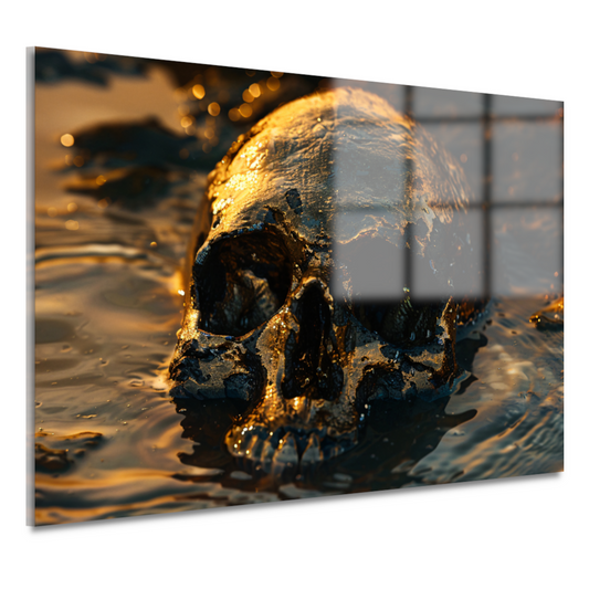 Vergulde schedel rustend in schemerig water acrylglas