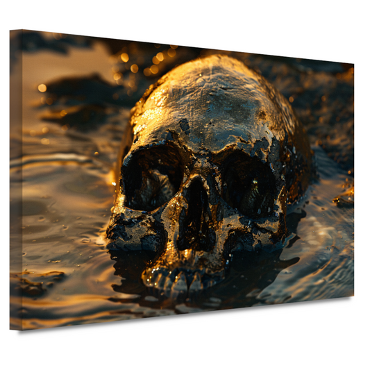 Vergulde schedel rustend in schemerig water canvas