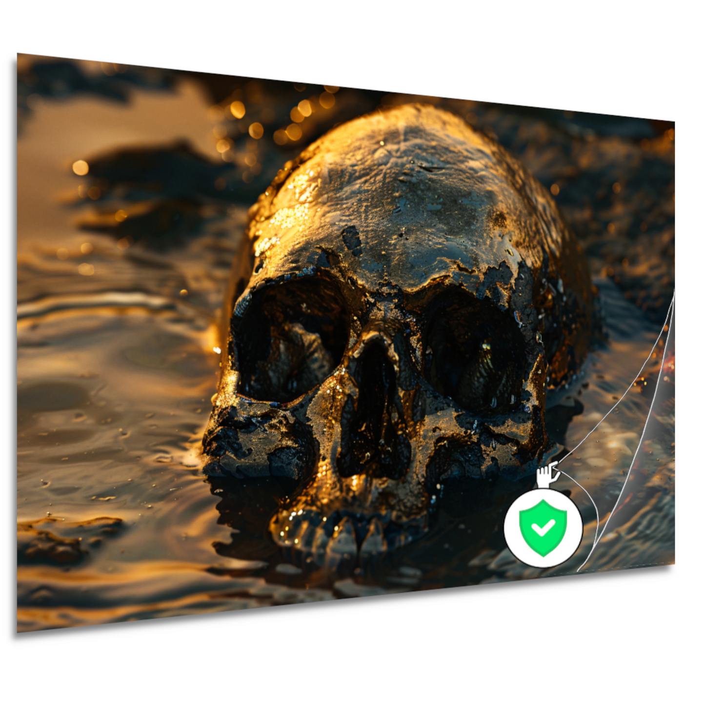 Vergulde schedel rustend in schemerig water poster