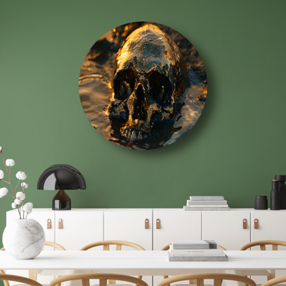 Vergulde schedel rustend in schemerig water aluminium muurcirkel