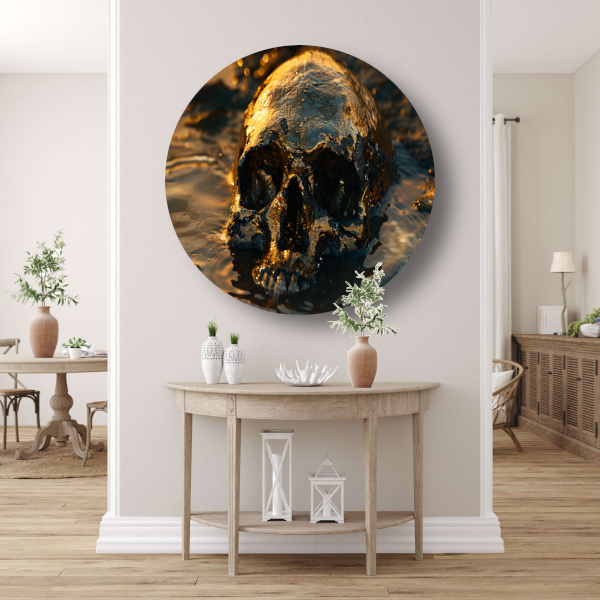 Vergulde schedel rustend in schemerig water aluminium muurcirkel