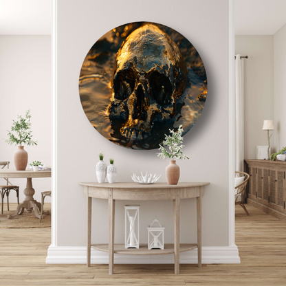 Vergulde schedel rustend in schemerig water aluminium muurcirkel