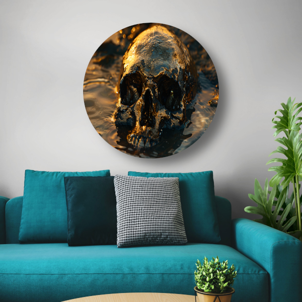 Vergulde schedel rustend in schemerig water aluminium muurcirkel