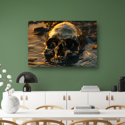 Vergulde schedel rustend in schemerig water poster
