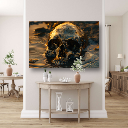Vergulde schedel rustend in schemerig water canvas