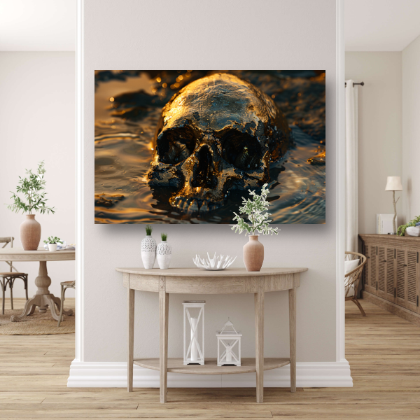 Vergulde schedel rustend in schemerig water poster