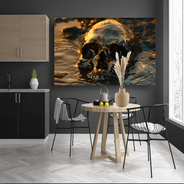 Vergulde schedel rustend in schemerig water poster