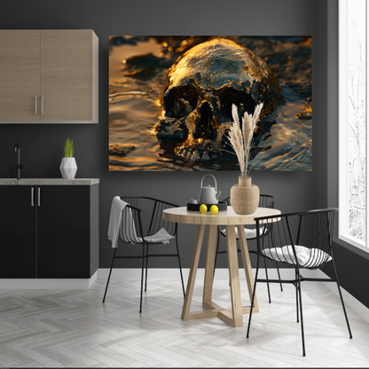 Vergulde schedel rustend in schemerig water poster