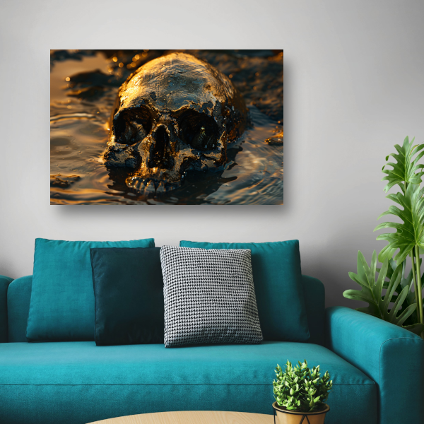 Vergulde schedel rustend in schemerig water poster