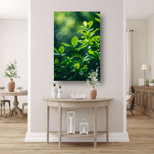 Close-up van groene bladeren in zonlicht canvas