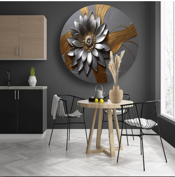 Elegante Gouden en Zilveren Bloem Kunst forex muurcirkel