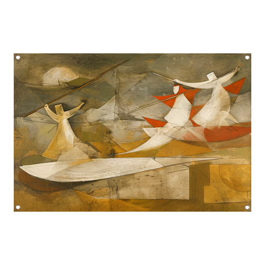 Dynamisch abstract schilderij met kubistische figuren tuinposter