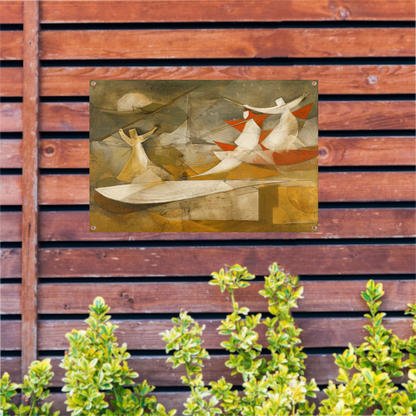Dynamisch abstract schilderij met kubistische figuren tuinposter