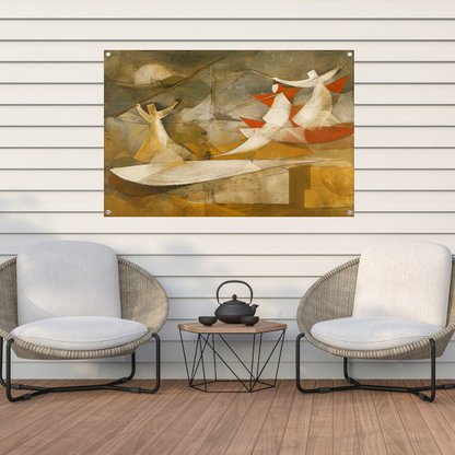 Dynamisch abstract schilderij met kubistische figuren tuinposter