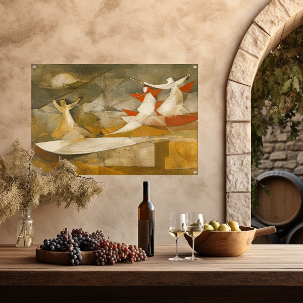 Dynamisch abstract schilderij met kubistische figuren tuinposter