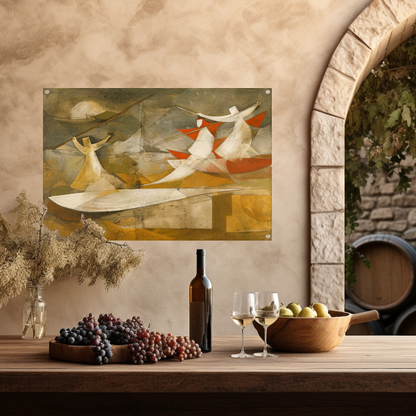 Dynamisch abstract schilderij met kubistische figuren tuinposter