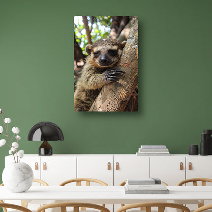 Slapende wasbeer tegen boom in bos canvas