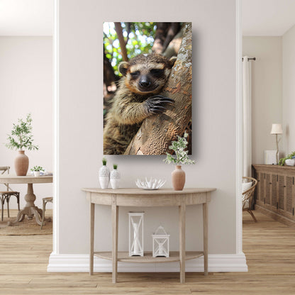 Slapende wasbeer tegen boom in bos poster
