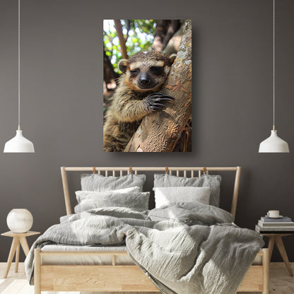 Slapende wasbeer tegen boom in bos poster