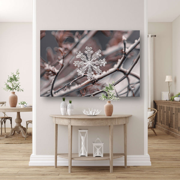 Gedetailleerde macrofoto van sneeuwvlok op takken poster