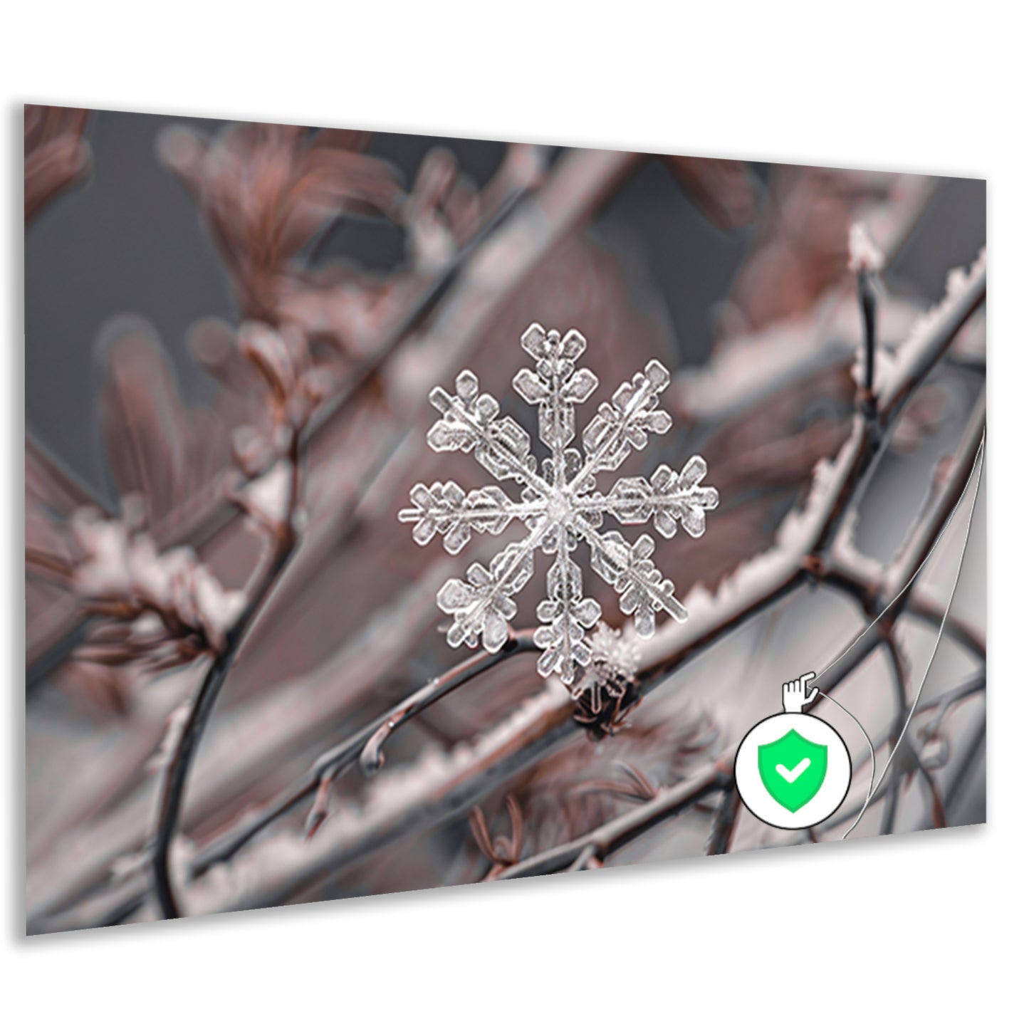 Gedetailleerde macrofoto van sneeuwvlok op takken poster